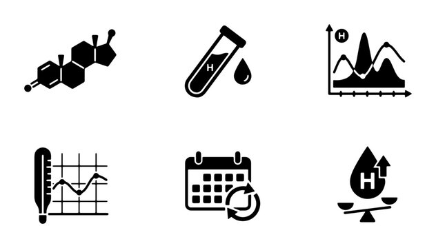 Medical Science Icons Set: Hormone Molecule, Blood Test Vial, Data Charts, Thermometer Graph, Calendar, pH Balance Scale, Vector Graphics for Health and Research