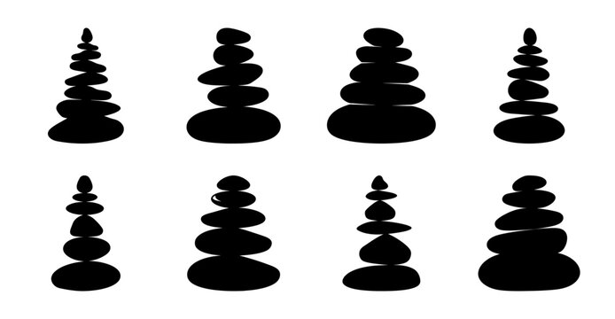 Black abstract stacked stone pillars icon set- Minimalist black stone pillar icons arranged in different abstract stack styles. Perfect for modern design and illustration projects.