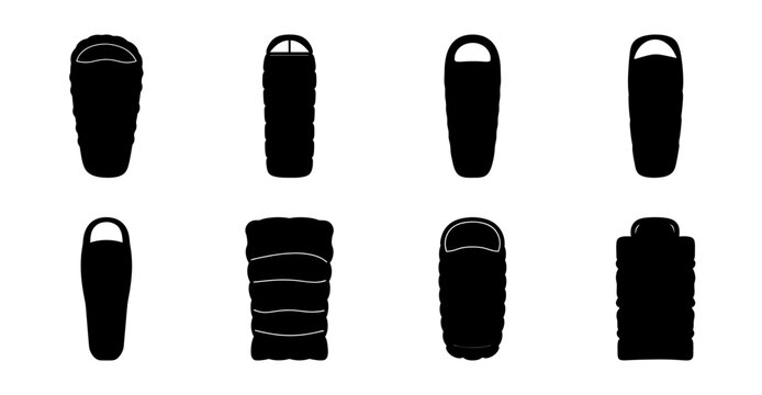 Various black sleeping bag designs with handles- Eight unique black sleeping bag silhouettes featuring different shapes and handle styles for camping and outdoor gear design.