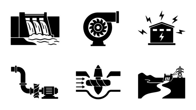 Hydroelectric Power Icons, Renewable Energy Symbols, Water Turbine and Dam Vector Graphics, Sustainable Electricity Generation Set