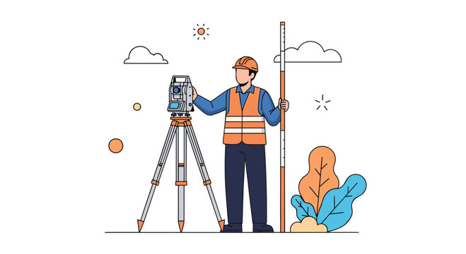 Professional land surveyor in a safety vest and helmet using a total station and leveling rod at a construction site under a sunny sky.