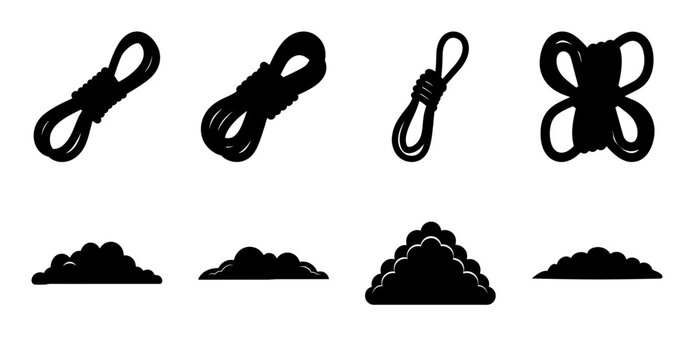 Black rope knots and cloud shapes illustration- Vector illustration of black rope tied in various knots and simple cloud shapes for design and artistic projects.
