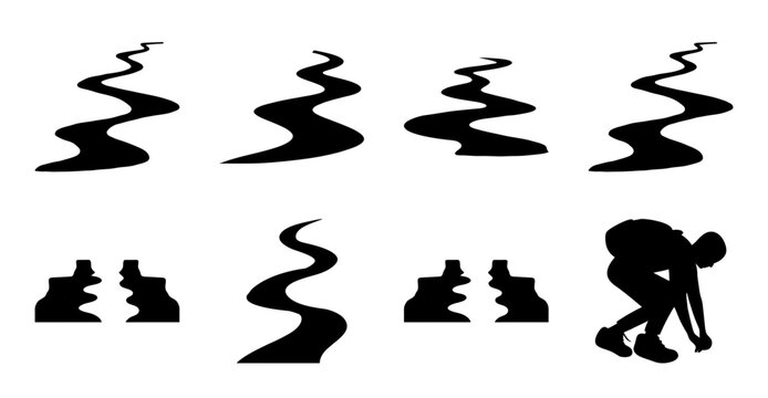 Person searching for lost items in wavy lines- Minimalist black and white vector illustration showing a person crouching and searching through wavy, abstract lines representing lost items or clues.