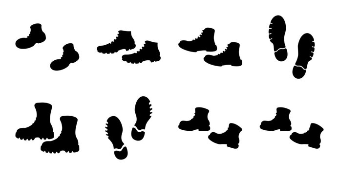 Black boot and footprint vector collection- Stylish black silhouettes of boots and footprints arranged in a clean vector format, ideal for design and illustration projects.