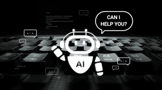 White robot icon with speech bubble saying 'Can I help you?' over dark keyboard background representing artificial intelligence assistance in technology Gluon.