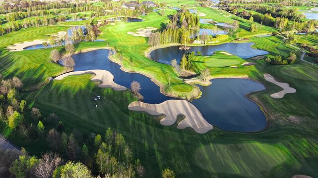 Panoramic golf landscape with lakes and sand bunkers
