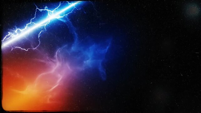 Electric blue lightning beam with orange glow and distressed texture