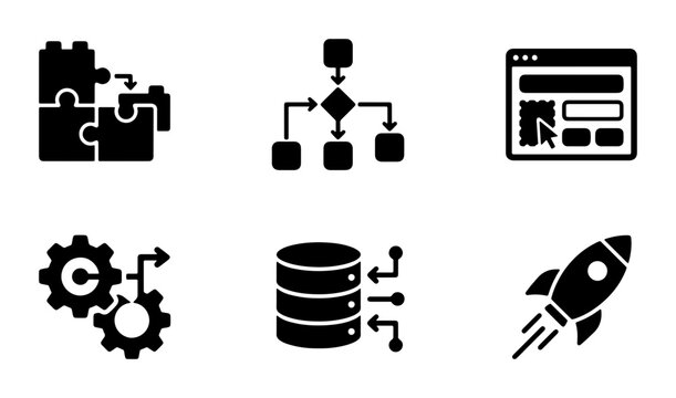 Business Process Icons: Workflow, Data, Development, Strategy, Launch, Technology Solutions