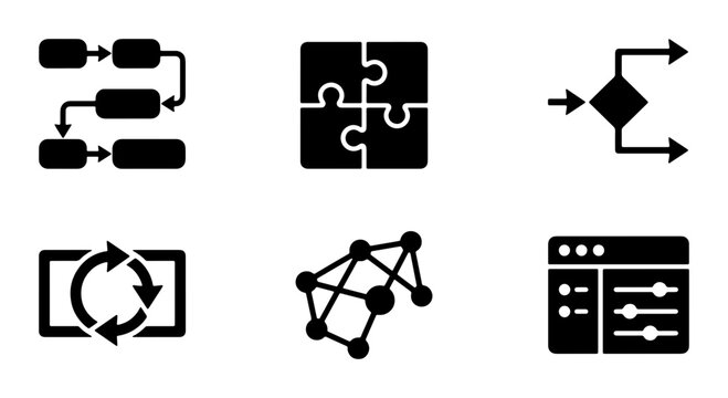 Process Flow Icons, Workflow Diagrams, Network Nodes, and System Settings, Black and White Vector Graphics for Business and Technology Concepts