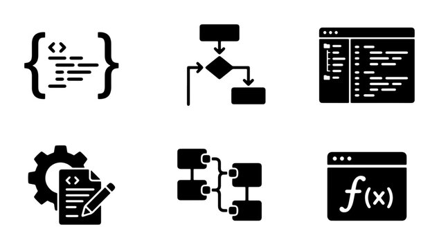Coding Icons Set, Programming Flowchart, Algorithm Logic, Software Development Symbols, Data Structure Elements, Math Function Graphics