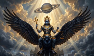 Fototapeta premium Shani Dev Crow Ride – Epic Saturn Divine Artwork