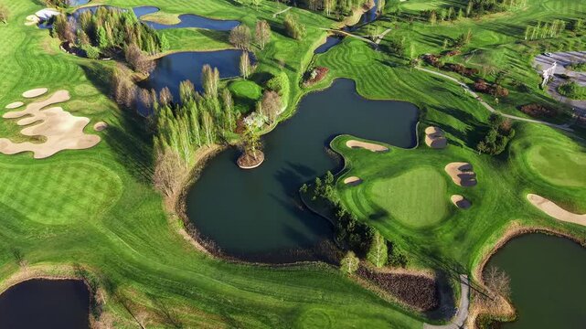 Golf course landscape with calm lakes and water features