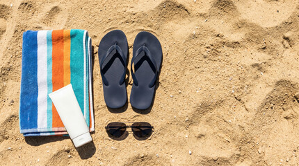 Naklejka premium Beach essentials with towel and sunglasses on sand background