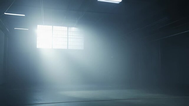 Empty industrial warehouse creating a sense of mystery and opportunity as a strong light beam pierces through a window, illuminating the smoky, dark interior