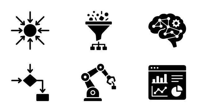 AI and Machine Learning Icons: Data Processing, Robotics, Brain Network, Algorithm Flowchart, Analytics Dashboard, Input Convergence
