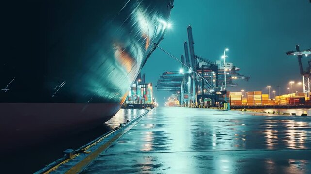 Container vessel moored at a bustling commercial dock with gantry cranes and stacked containers, wet concrete reflecting lights after rain, symbolizing global logistics