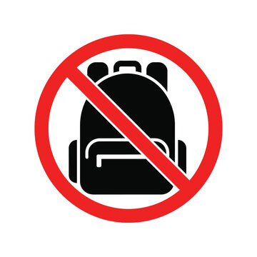 Black backpack icon with a red forbidden prohibition sign symbol indicating no bags allowed in this area Vector