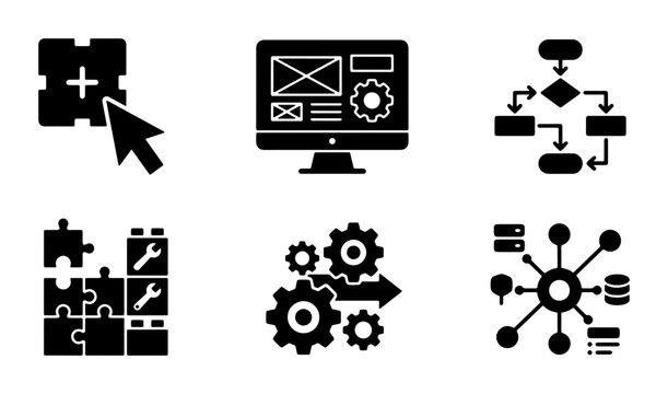 Business Process Icons, Workflow Diagrams, Technology Solutions, Data Management, Software Development, Project Management, Vector Set