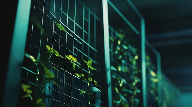 Green leaves sprouting from a server rack in a dark data center represent eco friendly computing, sustainable it infrastructure and nature integrated with digital technology for a greener future