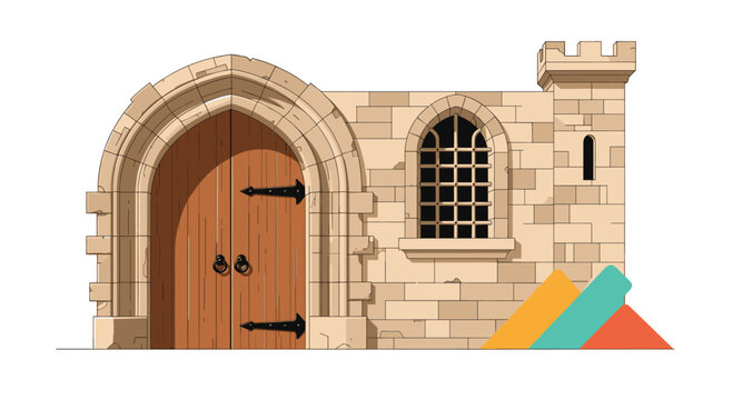 Traditional stone castle archway featuring heavy wooden doors and a small barred window suggesting a medieval or historic fortress.