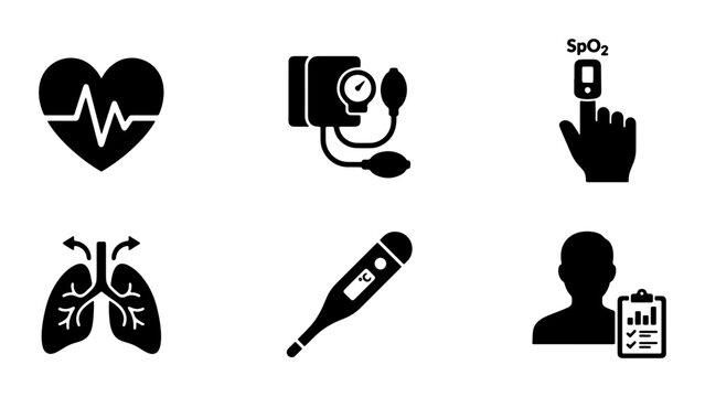 Medical Icons Set: Heartbeat, Blood Pressure Monitor, Pulse Oximeter, Lungs, Thermometer, Patient Chart Vector Graphics for Healthcare and Wellness