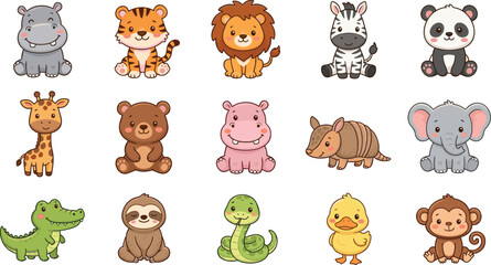 Fototapeta premium Adorable Kawaii Style Animal Vector Collection Featuring Baby Lion, Tiger, Elephant, Panda, and Giraffe Characters for Children's Educational Media and Nursery Wall Art Designs