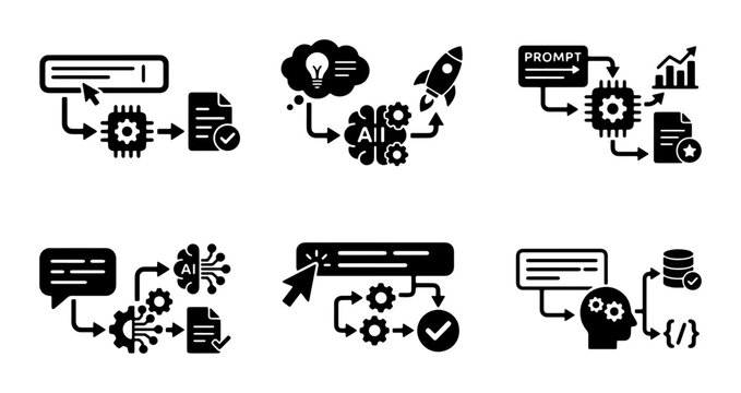 AI Workflow Icons, Machine Learning Process Set, Artificial Intelligence Development Graphics, Technology Innovation Icons