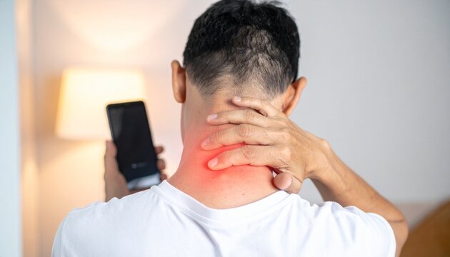 Man suffering neck pain from smartphone use, illustrating the physical strain of excessive screen time and modern technology's impact on well-being