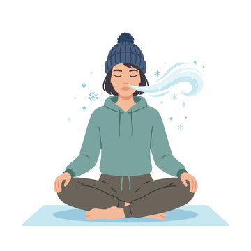 Woman meditating outdoors in winter, exhaling mist