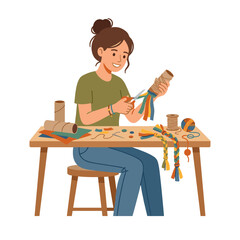 Fototapeta premium Woman crafting with colorful ribbons and yarn at a table