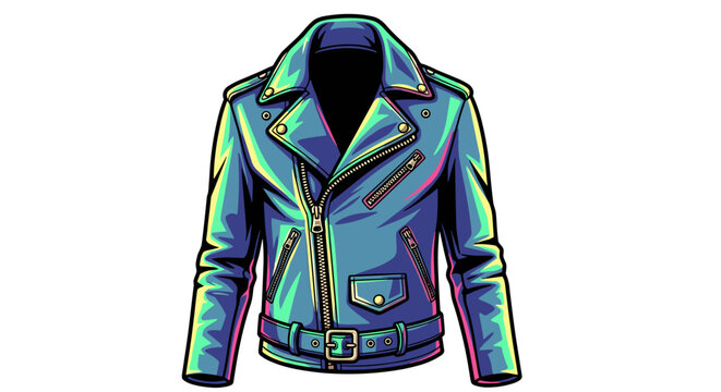Vibrant illustration of a zipped biker jacket with neon hues and bold outlines on a white background