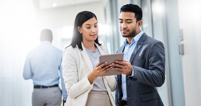 Discussion, meeting or business people with tablet in hallway, digital case file or legal resources. Flare, lawyer or paralegal with tech to review reference evidence, court motion email or law firm