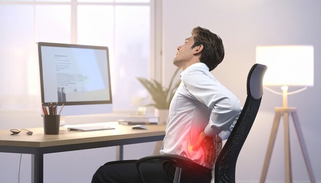 Man with severe lower back pain at his computer desk, emphasizing health risks of prolonged sitting and the critical need for ergonomics and proper posture