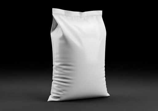 Isolated empty blank white fabric sack standing upright on dark background, mock-up template for packaging design branding