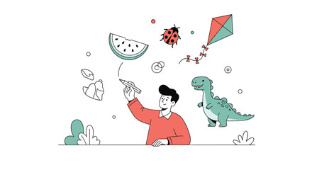 Fototapeta premium Creative man using a marker to draw various floating objects like a watermelon, ladybug, kite, and dinosaur in the air.