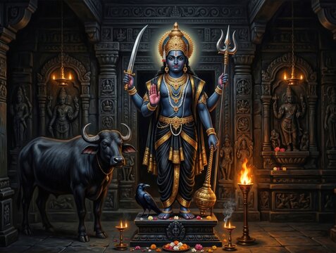 Shani Dev Temple Warrior &ndash; Sacred Mythological Oil Painting