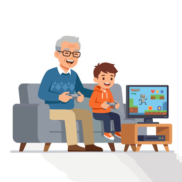 Grandfather and grandson playing video games together on the couch