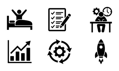Business Icons Set: Productivity, Growth, Planning, Workflow, Startup Launch, Morning Routine, Vector Graphics © Fatema