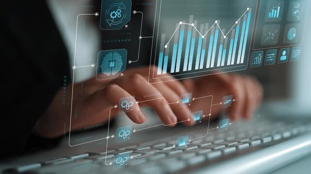 Data flow from database and cloud to processing and analytics dashboards, representing data analysis, automation, insight generation, and digital intelligence Marrow