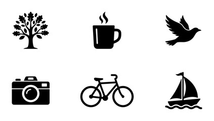 Six Silhouette Icons: Oak Tree, Coffee Cup, Dove Bird, Camera, Bicycle, Sailboat. Minimalist Vector Graphics for Lifestyle and Nature Themes. © Muhtasim