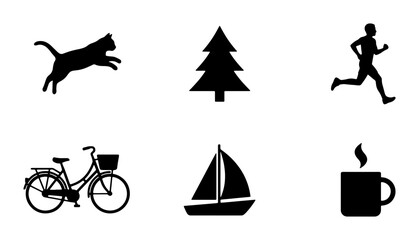 Black Silhouette Icons: Cat, Tree, Runner, Bicycle, Sailboat, Coffee Cup. Simple Vector Graphics for Lifestyle, Outdoors, and Recreation Themes. © Muhtasim