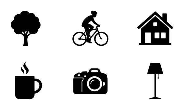 Set of 6 Black Silhouette Icons: Tree, Cyclist, House, Coffee Mug, Camera, Lamp. Simple Vector Graphics for Lifestyle and Home Design Concepts.
