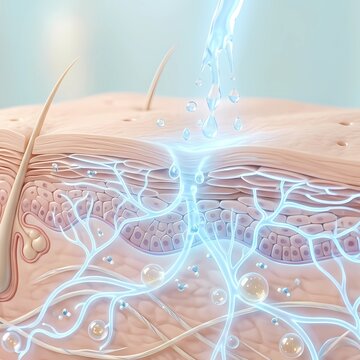 Scientific visualization of transepidermal water loss treatment: blue energy streams penetrating dry cracked epidermis to restore dermal hydration and skin barrier function