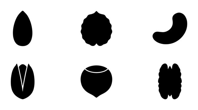 Black Silhouette Icons of Various Nuts: Almond, Walnut, Cashew, Pistachio, Hazelnut, Pecan, Simple Vector Graphics for Healthy Food and Snack Concepts