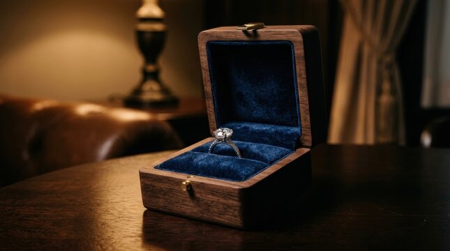 Elegant diamond engagement ring in wooden box, luxury jewelry gift on dark table, sparkling solitaire ring in blue velvet case