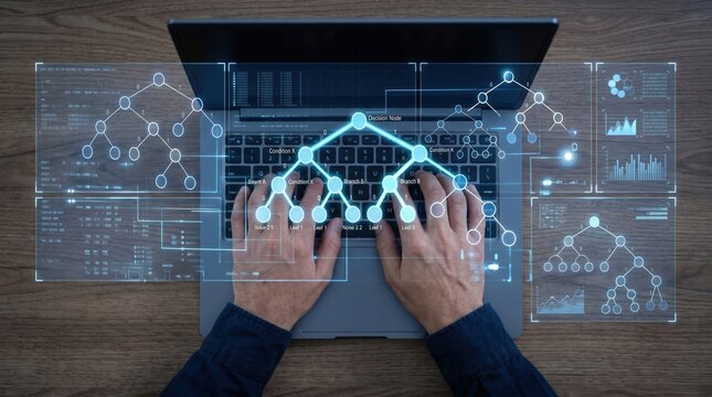 Developer using a laptop with a digital tree structure visualization overlay data visualization software development network security algorithm programming computer technology developer