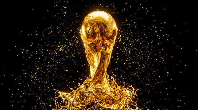Shiny golden soccer world cup trophy emerging from a thick liquid splash of molten gold against a dark black background representing ultimate victory and high achievement in international professional