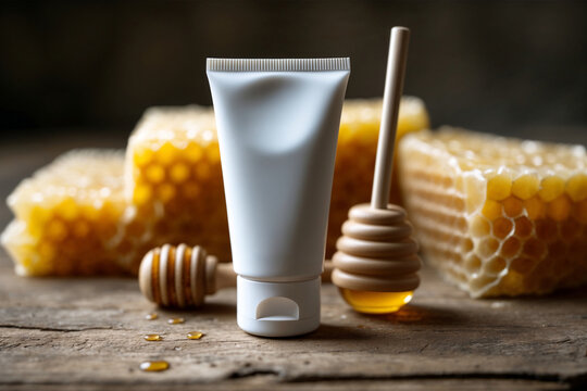 Minimal skincare tube mockup surrounded by honeycomb and honey dipper on rustic wooden surface. Natural cosmetic branding concept inspired by organic wellness and spa skincare.