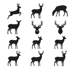 Deer and Buck Silhouette Collection, Elegant Stag Poses Vector Set © ghaffar