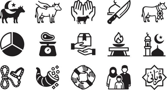 Sacrificial ritual and halal charity iconography set.